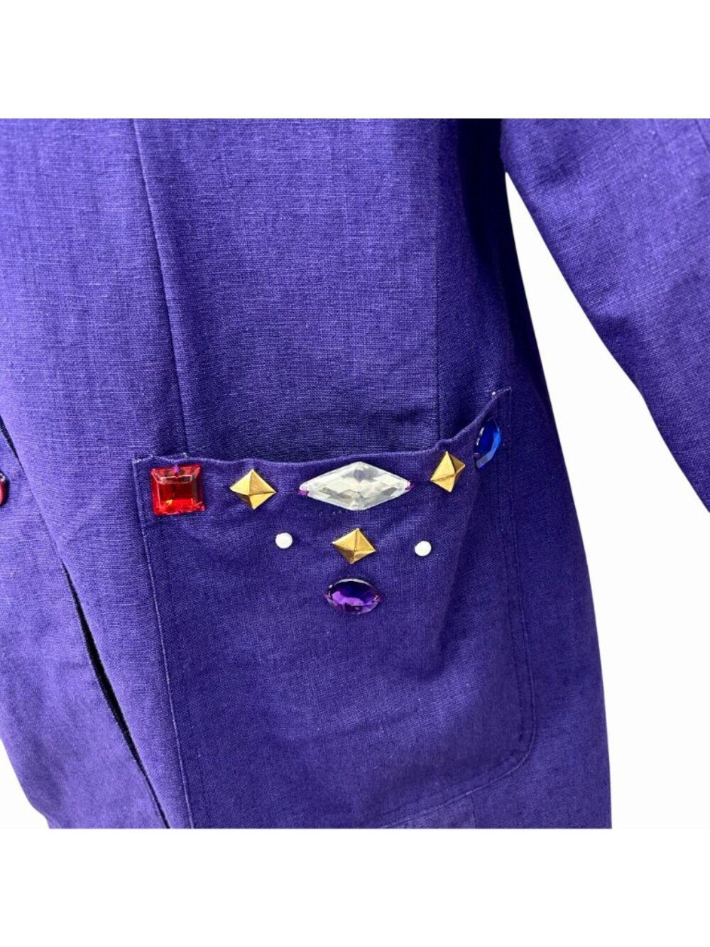 VINTAGE PURPLE LINEN BLEND OVERSIZE BLAZER BEADED JEWELED EMBELLISHED POCKETS 11 - Picture 3 of 6
